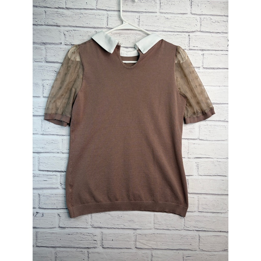 Adrianna Papell Mauve Knit Top Peter Pan Collar Sheer Floral Mesh Sleeve XS - Picture 7 of 8